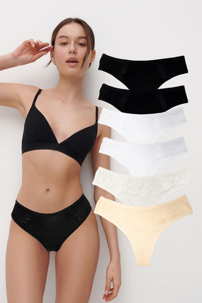 Dollcini,Tanga női bugyi,95% Pamut + Spandex-Többszínű, 6 db-os Csomag,34072