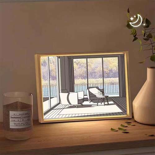 Dollcini Otthon LED Világító Falikép – USB-s, Fa Keretes Dekor