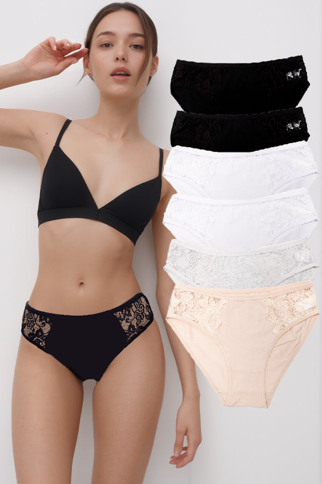 Dollcini, Klasszikus női bugyi, Virágmintás Csipkés Női Bugyi,95% Pamut + Spandex-Többszínű, 6 db-os Csomag
