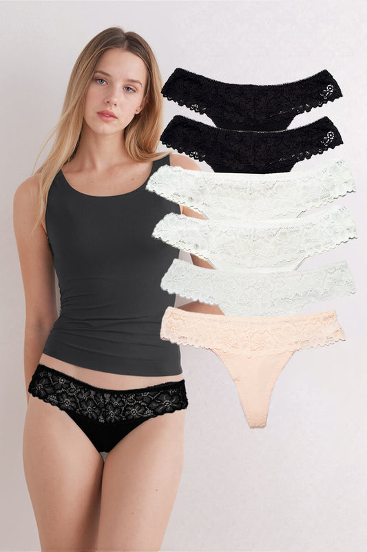 Dollcini,Tanga női bugyi,virágmintás csipke női bugyi,95% Pamut + Spandex-Többszínű, 6 db-os Csomag