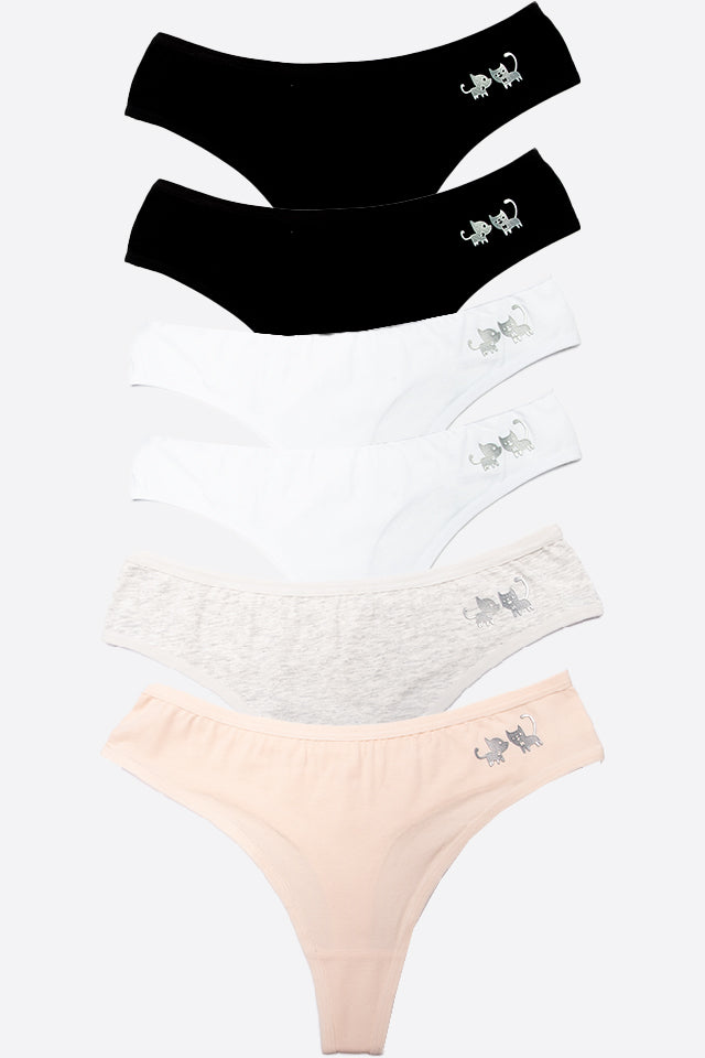 Dollcini, Tanga női bugyi, Cicamintás női bugyi, 95% Pamut + Spandex, Többszínű, 6 db-os Csomag