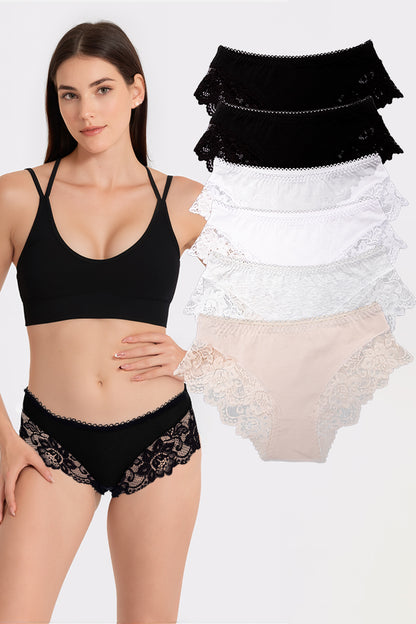 Dollcini ,Klasszikus Női Bugyi, Brazil Női Bugyi, Virágmintás Csipkés Női Bugyi,95% Pamut + Spandex-Többszínű, 6 db-os Csomag